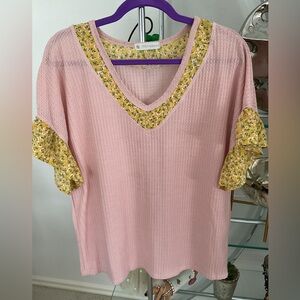 Pink V-Neck Top with Yellow Floral Trim